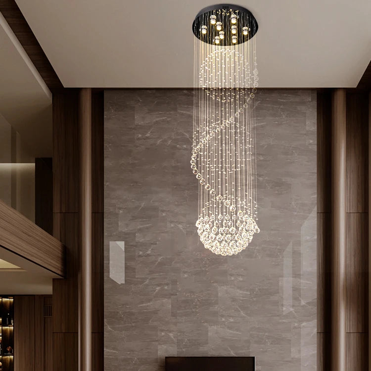 Crystal Spiral Cluster Chandelier, 9 Lamp, Faceted Crystal Beads, Long Cascading Drop, Stairwell, Hallway & Landing