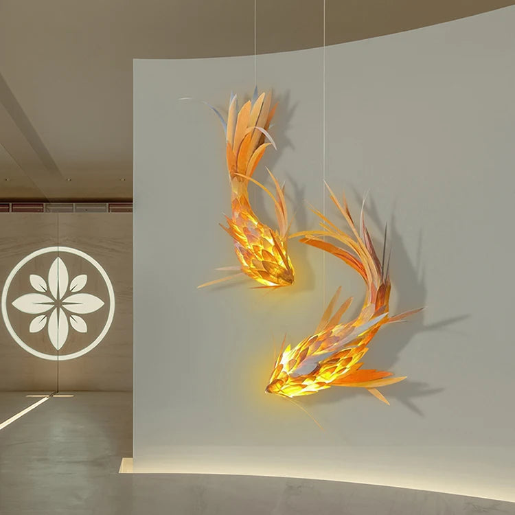 Textured Wood Koi Fish Pendant Light, Layered Sculptural Form, Integrated LED, 250cm Drop, Stairwell, Hallway & Dining Room