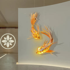 Textured Wood Koi Fish Pendant Light, Layered Sculptural Form, Integrated LED, 250cm Drop, Stairwell, Hallway & Dining Room
