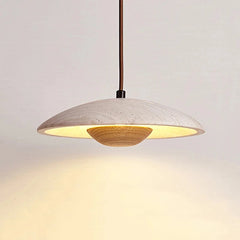 Travertine Disc Pendant Light, Speckled Stone Saucer Shade, Natural Wood Connecting Collar, Bedside & Dining Table
