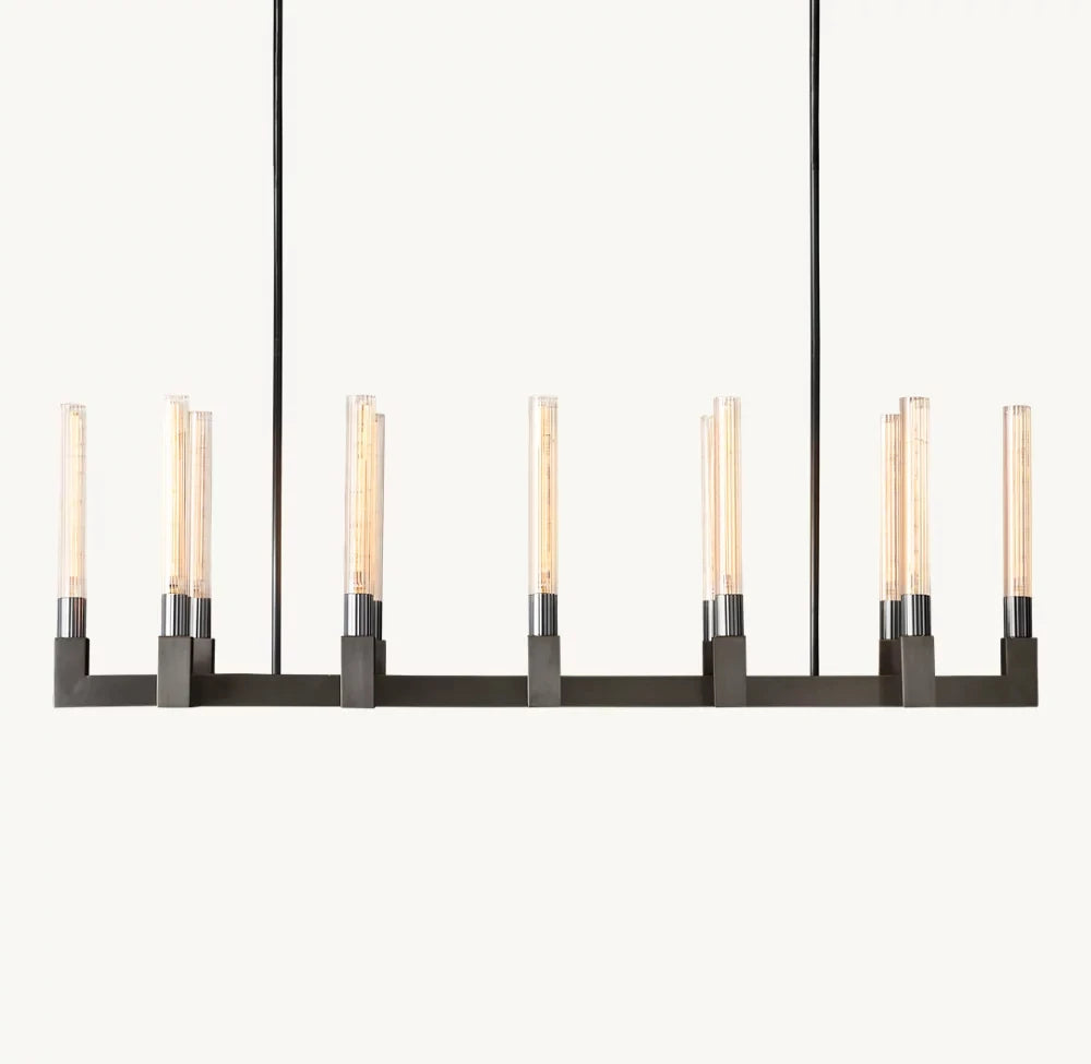 Fluted Glass Tube Linear Bar Chandelier, Bronze Finish, Modern Design, Tubes Set at Two Heights, Dining Room