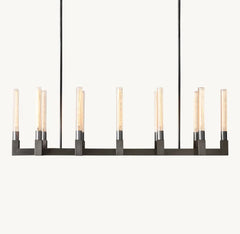 Fluted Glass Tube Linear Bar Chandelier, Bronze Finish, Modern Design, Tubes Set at Two Heights, Dining Room