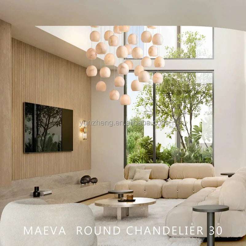 Textured Alabaster Sphere Cluster Chandelier, Natural White Finish, Nine-Drop Cascading Cable, Living Room & Stairwell