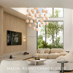 Textured Alabaster Sphere Cluster Chandelier, Natural White Finish, Nine-Drop Cascading Cable, Living Room & Stairwell
