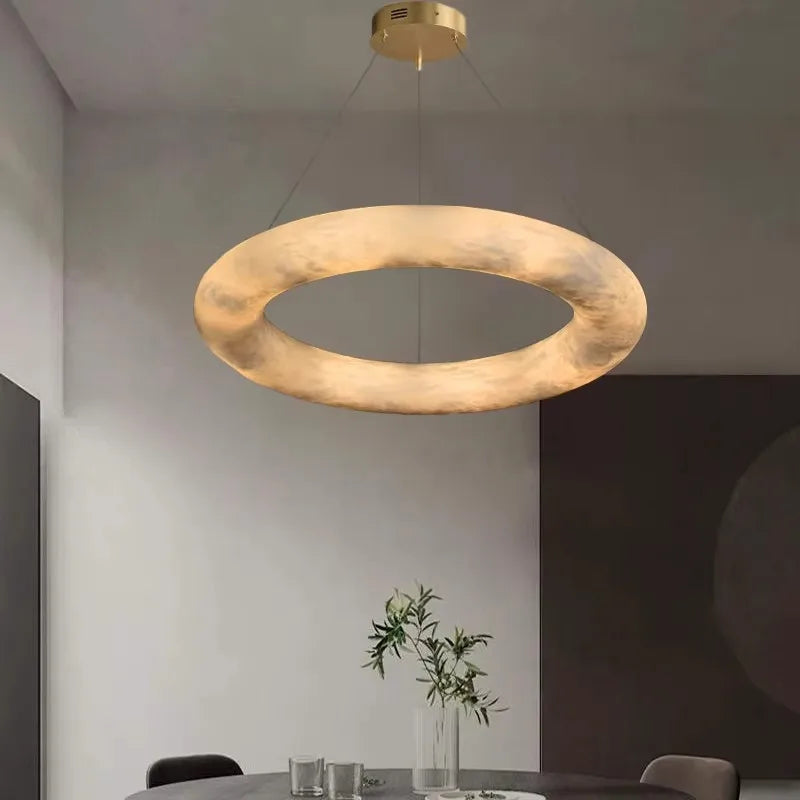 Textured Cream Plaster Ring Pendant Light, 600 Torus Form, Brass Wire Suspension, Contemporary Style, Dining Room & Stairwell