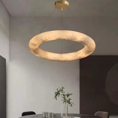 Textured Cream Plaster Ring Pendant Light, 600 Torus Form, Brass Wire Suspension, Contemporary Style, Dining Room & Stairwell