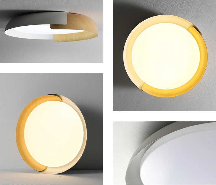 Matt White and Wood Ring Flush Ceiling Light, Two Tone Frame, Opal Diffuser, Integrated LED, Living Room, Hallway & Bedroom