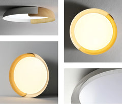 Matt White and Wood Ring Flush Ceiling Light, Two Tone Frame, Opal Diffuser, Integrated LED, Living Room, Hallway & Bedroom