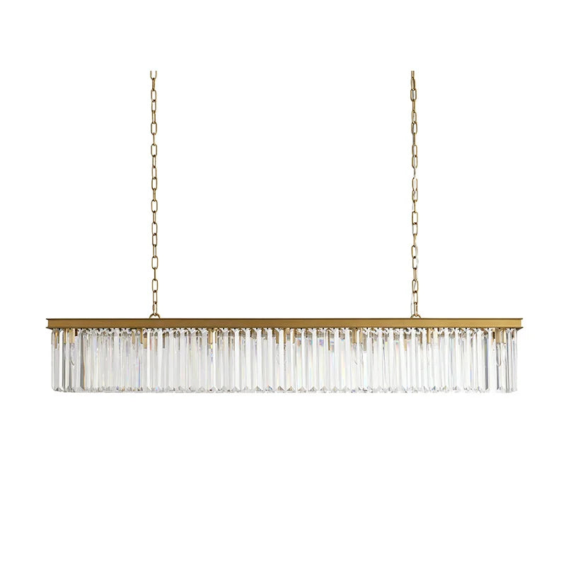Faceted Crystal Linear Bar Chandelier, Brass Frame, Clear Crystal Prisms, Double Chain, Single Fixed Style, Dining Room and Stairwell