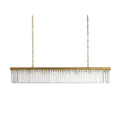 Faceted Crystal Linear Bar Chandelier, Brass Frame, Clear Crystal Prisms, Double Chain, Single Fixed Style, Dining Room and Stairwell