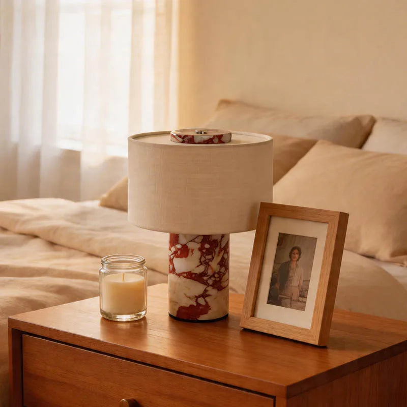 Red Marbled Stone Drum Table Lamp, Cream Linen Shade, Polished Cylinder Base, Bedside & Living Room Console Table