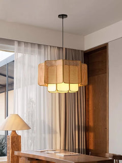 Woven Rattan Drum Pendant Light, Fan Pleated Open Weave Panels, Warm Brown Finish, Dining Table & Kitchen Island