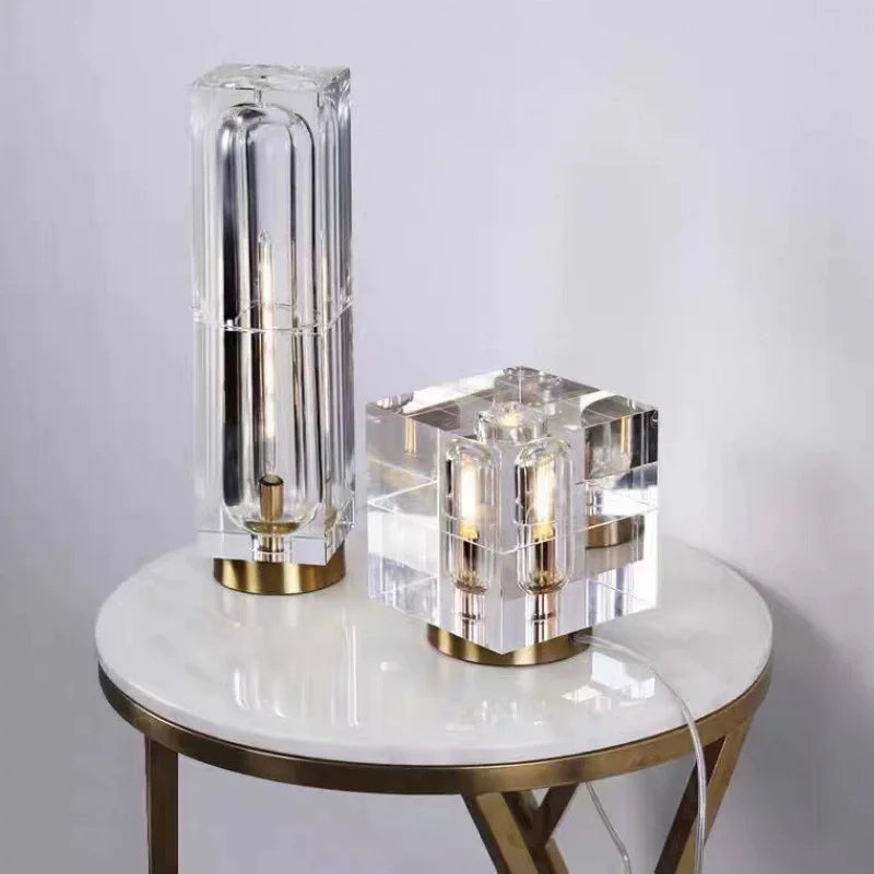 Clear Crystal Column Table Lamp, Faceted Glass with a Visible Filament Tube, Round Brass Base, Bedside & Console