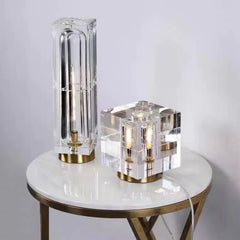 Clear Crystal Column Table Lamp, Faceted Glass with a Visible Filament Tube, Round Brass Base, Bedside & Console