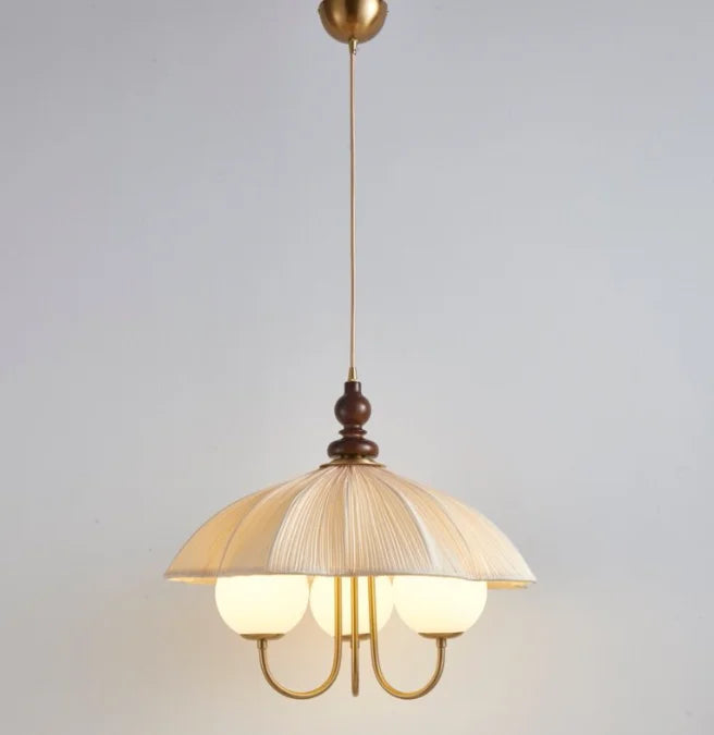 Lilac Pleated Fabric Bell Chandelier, 3 Opal Glass Globes on Brass Arms, Wood Finial, Bulbs Not Included, Dining Room