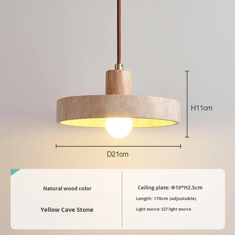 Natural Travertine Disc Pendant Light, Wood Cap Over a Bare Opal Glass Globe, Bulb Not Included, Bedside & Kitchen Island