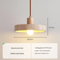 Natural Travertine Disc Pendant Light, Wood Cap Over a Bare Opal Glass Globe, Bulb Not Included, Bedside & Kitchen Island