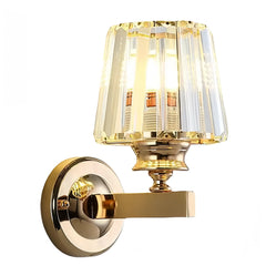 Fluted Glass Cylinder Wall Light, Polished Gold Angled Twin-Arm Bracket, Ribbed Clear Shade, Bedside & Hallway