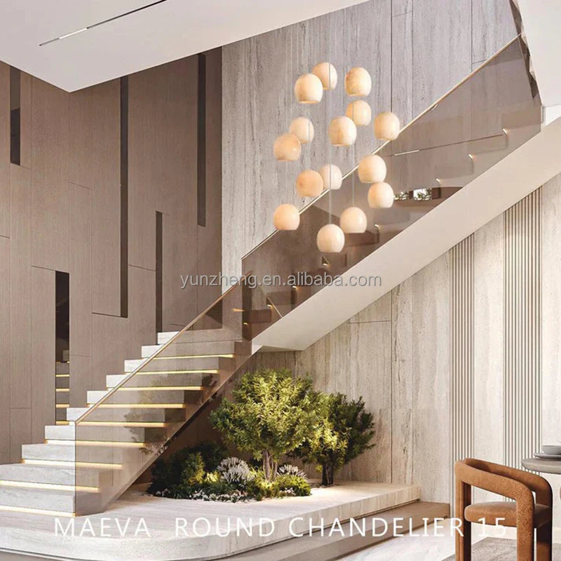 Textured Alabaster Sphere Cluster Chandelier, Natural White Finish, Five-Drop Cascading Cable, Living Room & Stairwell