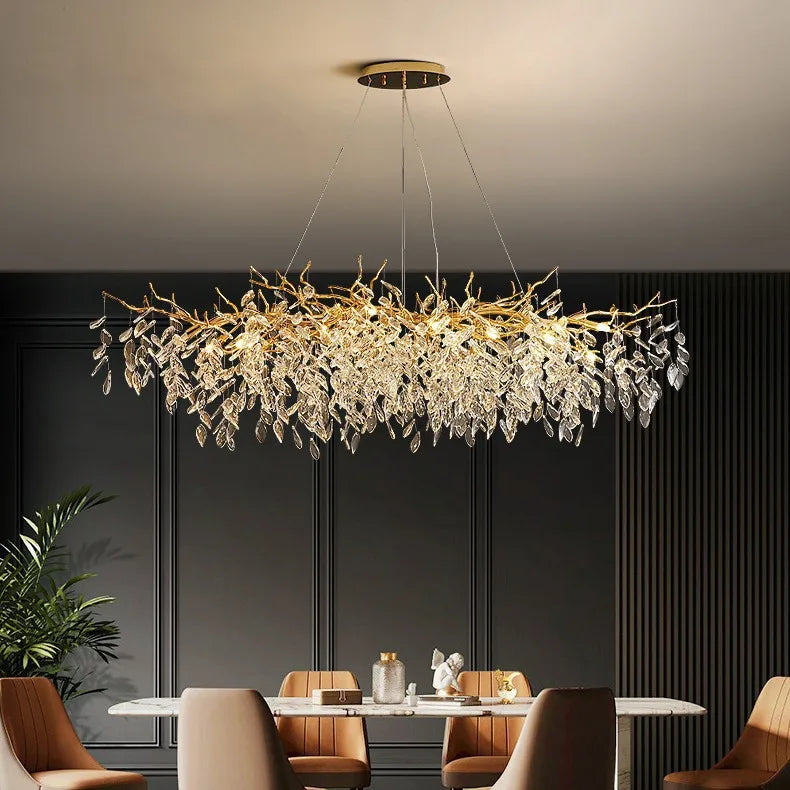 Gold Branch Crystal Leaf Chandelier, Faceted Drops on Slim Arms, Long Linear Oval Spread, Single Fixed Finish, Dining Table & Living Room