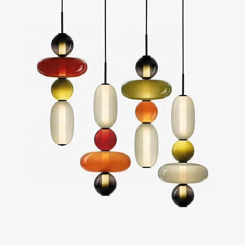 Tiered Glass Bead Pendant Light, Cream and Wine Red Finish, 3 Tier Stack, Large, Black Cord Suspension, Bedside & Dining Table