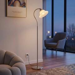 Brushed Nickel Gooseneck Floor Lamp, Cream Cone Shade, Curved Arm On A Round Base, Bedroom, Bedside & Reading Corner