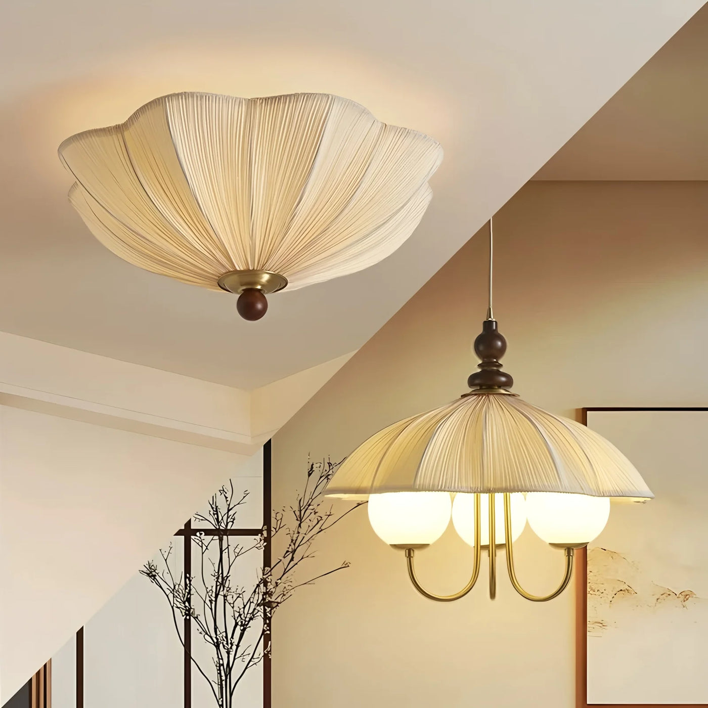 Lilac Pleated Fabric Bell Chandelier, 3 Opal Glass Globes on Brass Arms, Wood Finial, Bulbs Not Included, Dining Room
