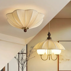 Lilac Pleated Fabric Bell Chandelier, 3 Opal Glass Globes on Brass Arms, Wood Finial, Bulbs Not Included, Dining Room