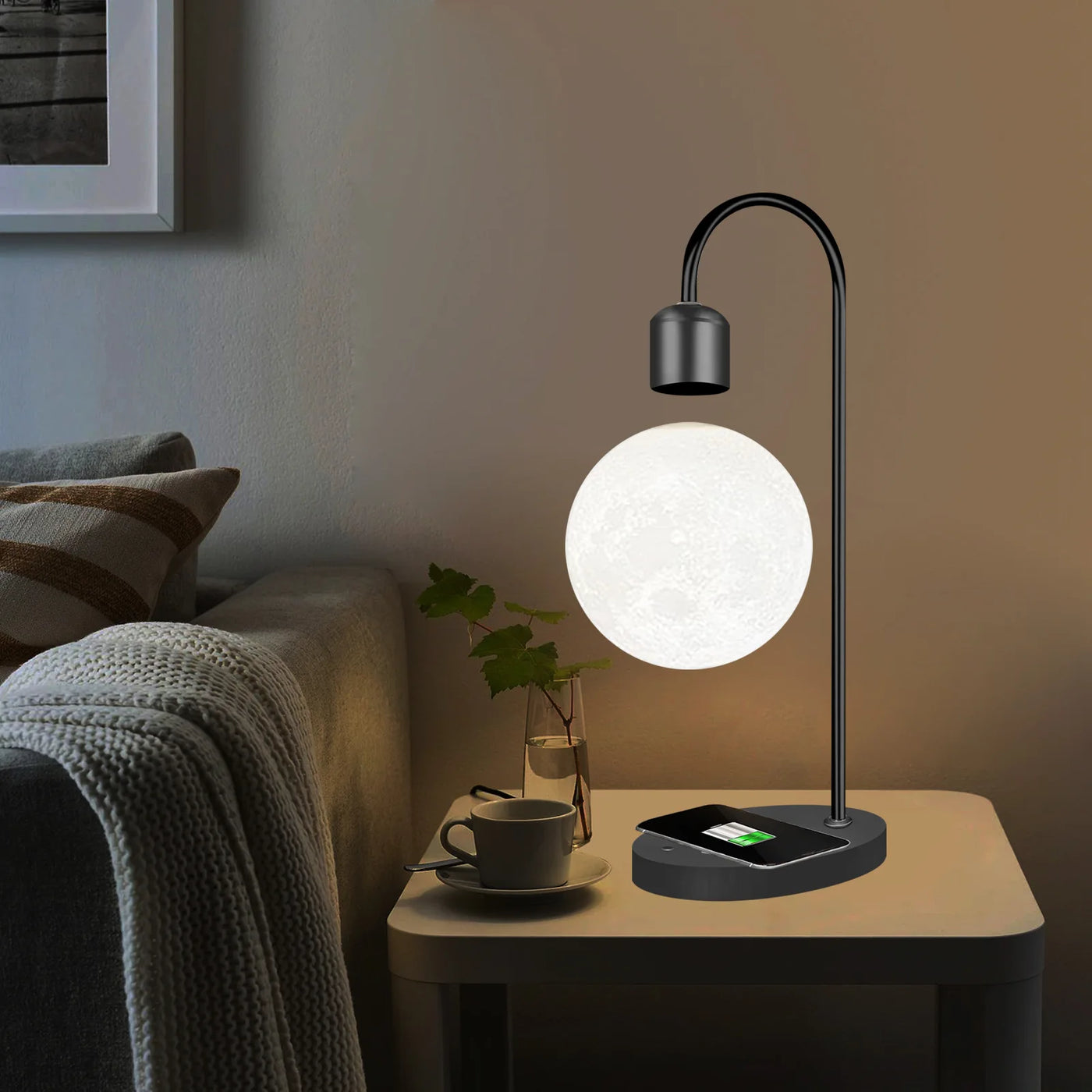 Black Sphere Table Lamp on a Chrome Arch, Textured Acrylic Globe on a Round Solid Wood Base, Desk and Living Room Accent