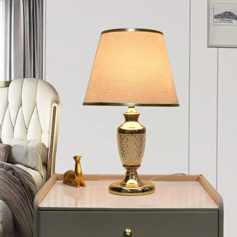 Gold and Brass Table Lamp, Fabric shade embossed with a leaf and vine pattern, Turned Brass Baluster Base, Bedside & Console