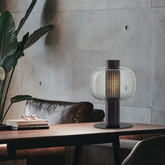 Smoked Glass Drum Table Lamp, Perforated Metal Diffuser, Slim Column Base, Living Room, Home Office & Bedside