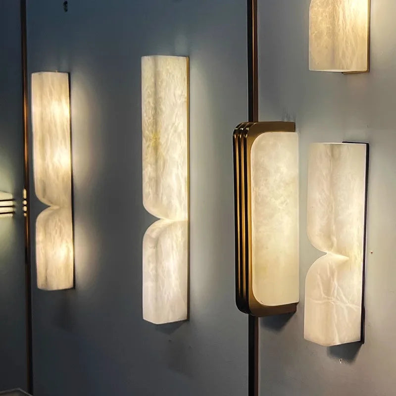 Natural Alabaster Panel Wall Light, Two Lobe Backlit Stone Form, Brass Edge Trim, H600, Hallway, Bedside & Living Room