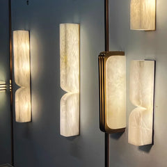Natural Alabaster Panel Wall Light, Two Lobe Backlit Stone Form, Brass Edge Trim, H600, Hallway, Bedside & Living Room