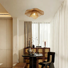 Woven Rattan Flower Flush Ceiling Light, 80cm Natural Petal Shade over an Integrated LED, Dining Room and Bedroom