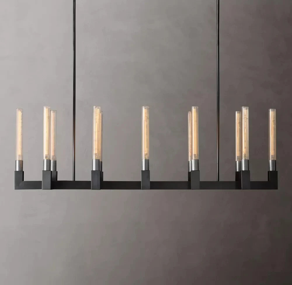 Fluted Glass Tube Linear Bar Chandelier, Bronze Finish, Modern Design, Tubes Set at Two Heights, Dining Room
