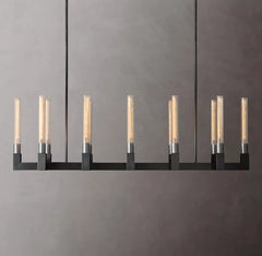 Fluted Glass Tube Linear Bar Chandelier, Bronze Finish, Modern Design, Tubes Set at Two Heights, Dining Room