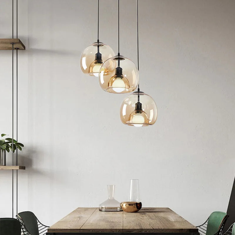 Amber Glass Globe Pendant Light, 3 Light Disc Cluster, Matt Black Disc, Staggered Drop, Dining Table & Kitchen Island