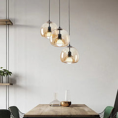 Amber Glass Globe Pendant Light, 3 Light Disc Cluster, Matt Black Disc, Staggered Drop, Dining Table & Kitchen Island