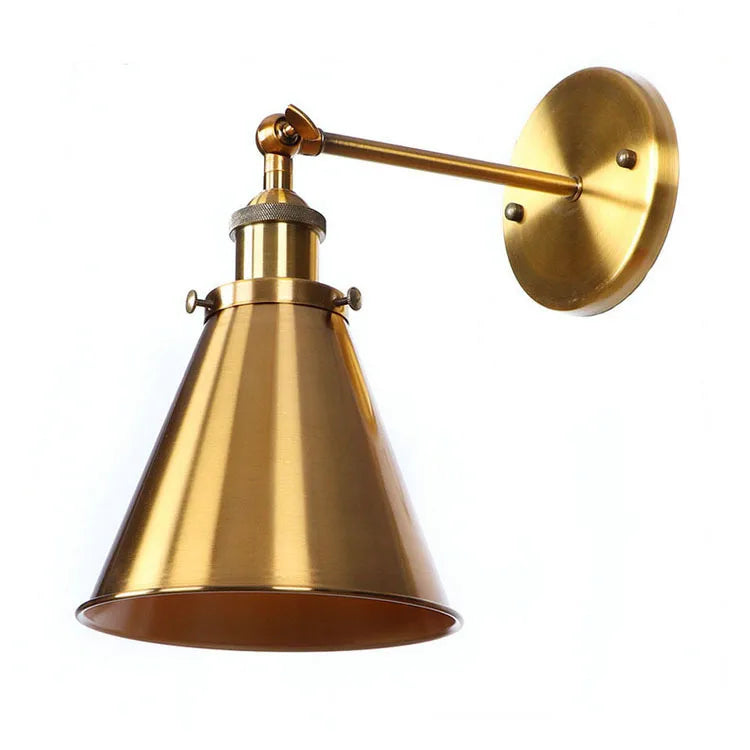 Antique Brass Cone Wall Light on a Swan Neck Arm, 20x20 Reach, Adjustable Knurled Knuckle Joint, Bedside and Reading Corner