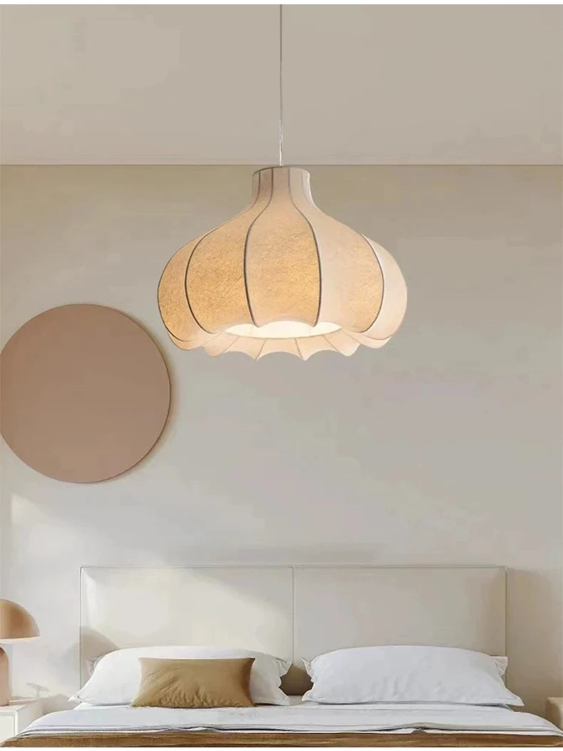 Fluted Cream Fabric Teardrop Pendant Light, Onion Silhouette, Silk Effect Shade, Dining Table, Kitchen Island & Living Room