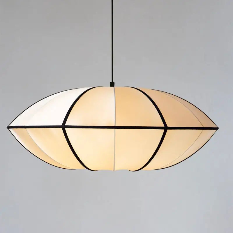 Pleated White Fabric Ellipse Pendant Light, Pointed Lantern Silhouette, Black Trim, 40cm, Bulb Not Included, Living Room & Bedroom
