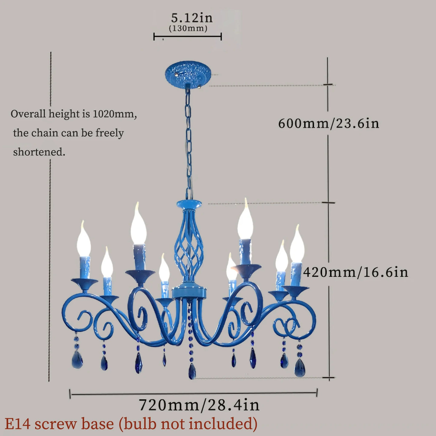 Faceted Crystal Branch Chandelier, Blue Finish, 8 Scrolled Candle Arms, 72 x 72 x 98cm, Dining Room & Living Room
