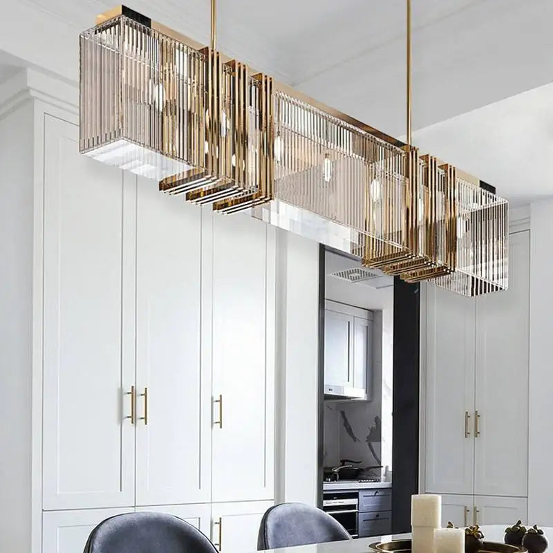 Faceted Crystal Linear Rectangular Chandelier, 200 Centimetre Run, Slim Gold Frame, Dining Table & Kitchen Island