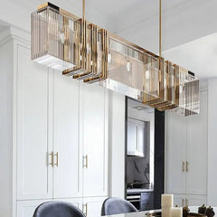 Faceted Crystal Linear Rectangular Chandelier, 200 Centimetre Run, Slim Gold Frame, Dining Table & Kitchen Island