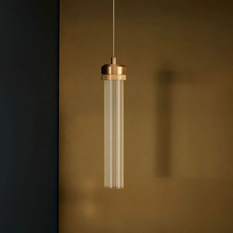 Fluted Clear Glass Cylinder Pendant Light, Chrome Cap Finish, Black Cable Suspended, Contemporary Style, Kitchen Island & Hallway