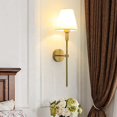 Textured Fabric Cone Wall Light, Brushed Brass Arm And Round Backplate, White Shade, Traditional Silhouette, Bedside & Hallway