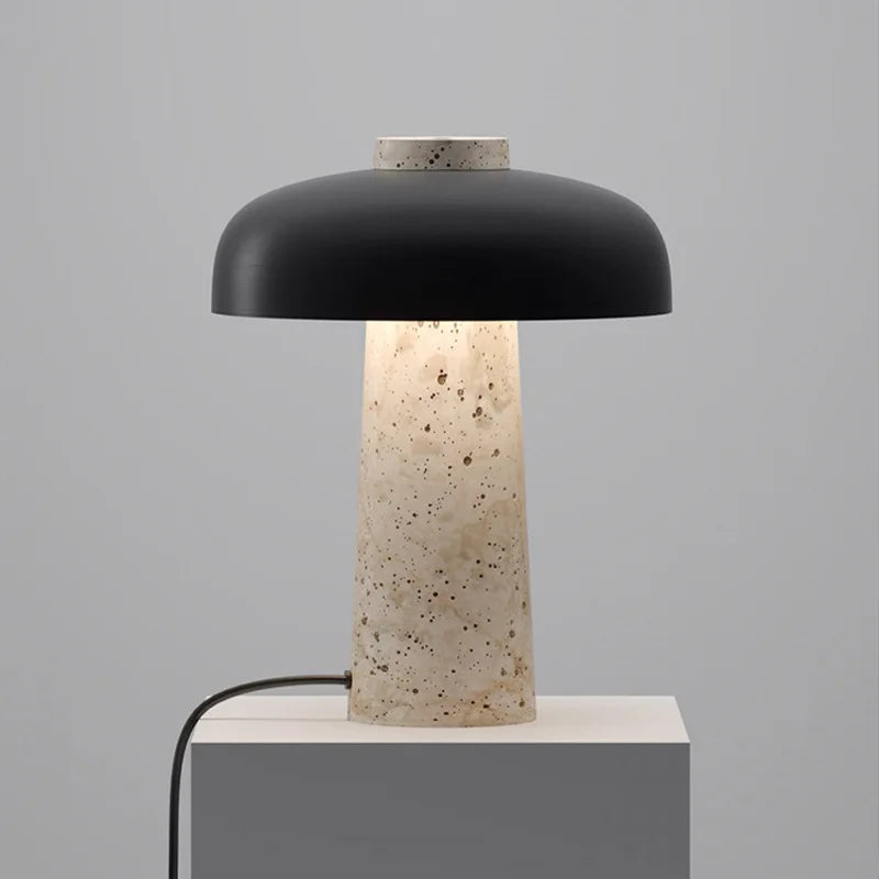 Natural Travertine Mushroom Table Lamp, White Metal Dome Cap, Tapered Stone Column, Living Room, Study & Bedside