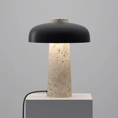 Natural Travertine Mushroom Table Lamp, White Metal Dome Cap, Tapered Stone Column, Living Room, Study & Bedside