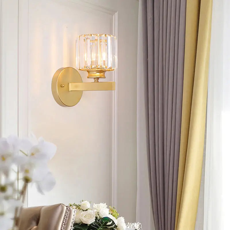 Fluted Glass Cylinder Wall Light, Polished Gold Angled Twin-Arm Bracket, Ribbed Clear Shade, Bedside & Hallway