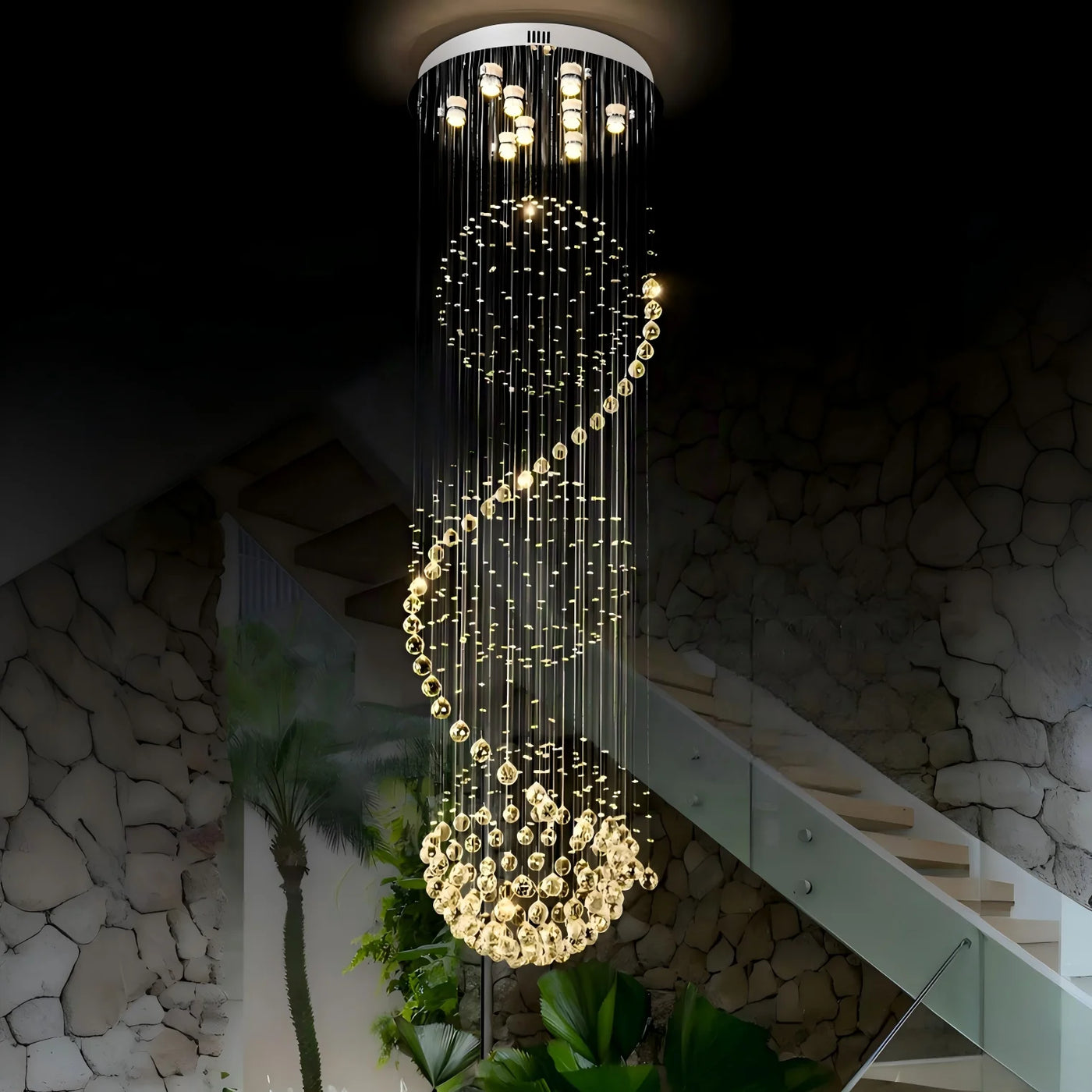 Crystal Spiral Cluster Chandelier, 9 Lamp, Faceted Crystal Beads, Long Cascading Drop, Stairwell, Hallway & Landing